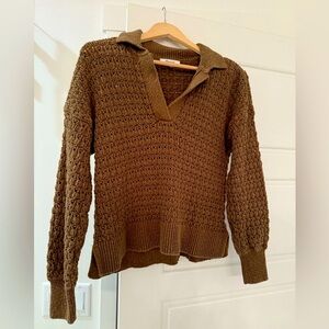 MADEWELL - SUNBERRY OPEN STITCH POLO SWEATER - MED - OLIVE (GOLDEN SPINACH)